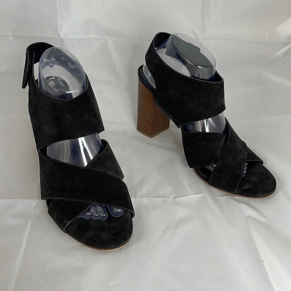 VINCE Crisscross Suede Chunky Heel Slingback Sandals Shoes Black Open Size 11 - Picture 12 of 12